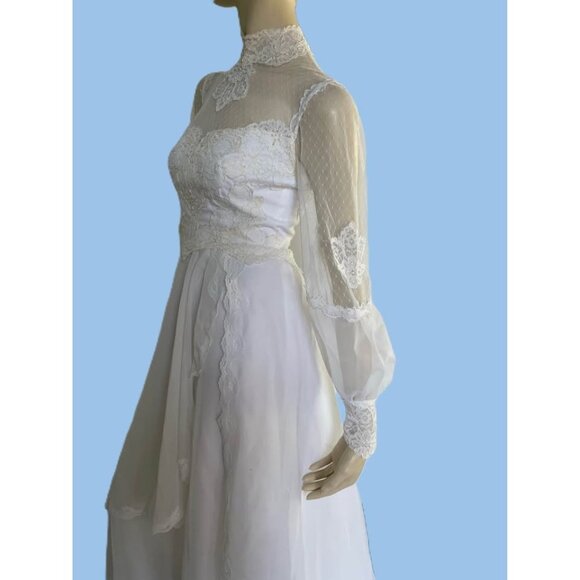 Vintage Weddjng Dress, Size S, 1980s High Neck Lace - Picture 3 of 9